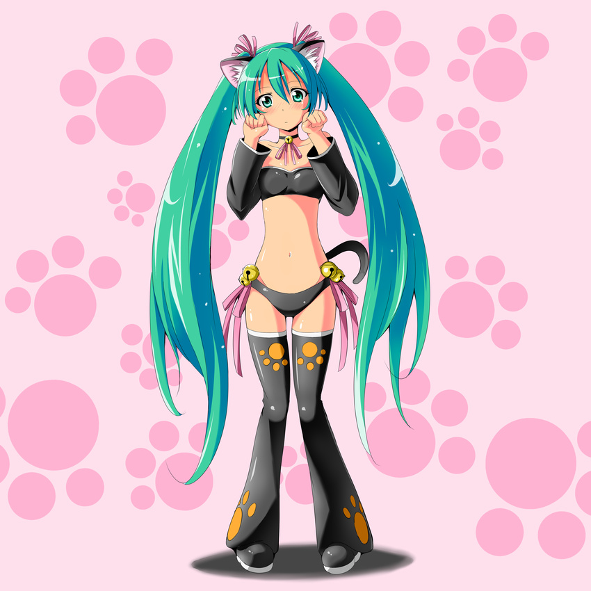 absurdres animal_ears arms_up bell blush cat_ears cat_tail choker detached_sleeves green_eyes green_hair hatsune_miku head_tilt highres jingle_bell kayama_kenji long_hair navel paw_pose solo tail thighhighs twintails very_long_hair vocaloid