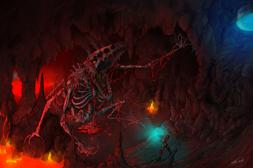 absurdres arm_cannon armor battle cave claws crocomire death fire highres justin_fairfield md5_mismatch melting metroid molten_rock monster open_mouth red samus_aran signature skeleton tail varia_suit weapon