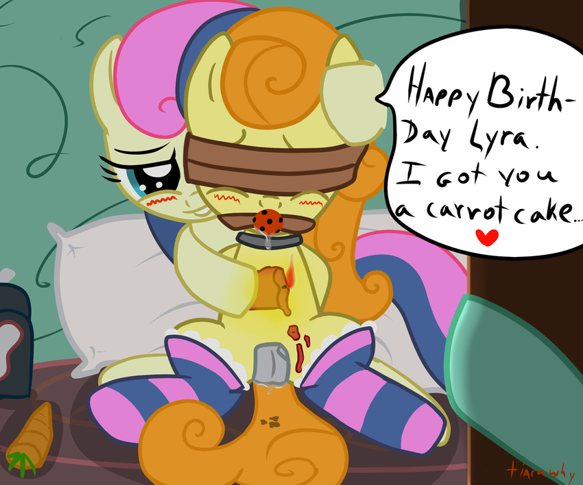 blush bonbon_(mlp) butt carrot_top_(mlp) dialog dialogue duo english_text equine female female_ejaculation feral friendship_is_magic hair horse lesbian long_hair looking_at_viewer lyra_(mlp) lyra_heartstrings_(mlp) mammal my_little_pony nude pony pussy pussy_juice sex tape text tiarawhy