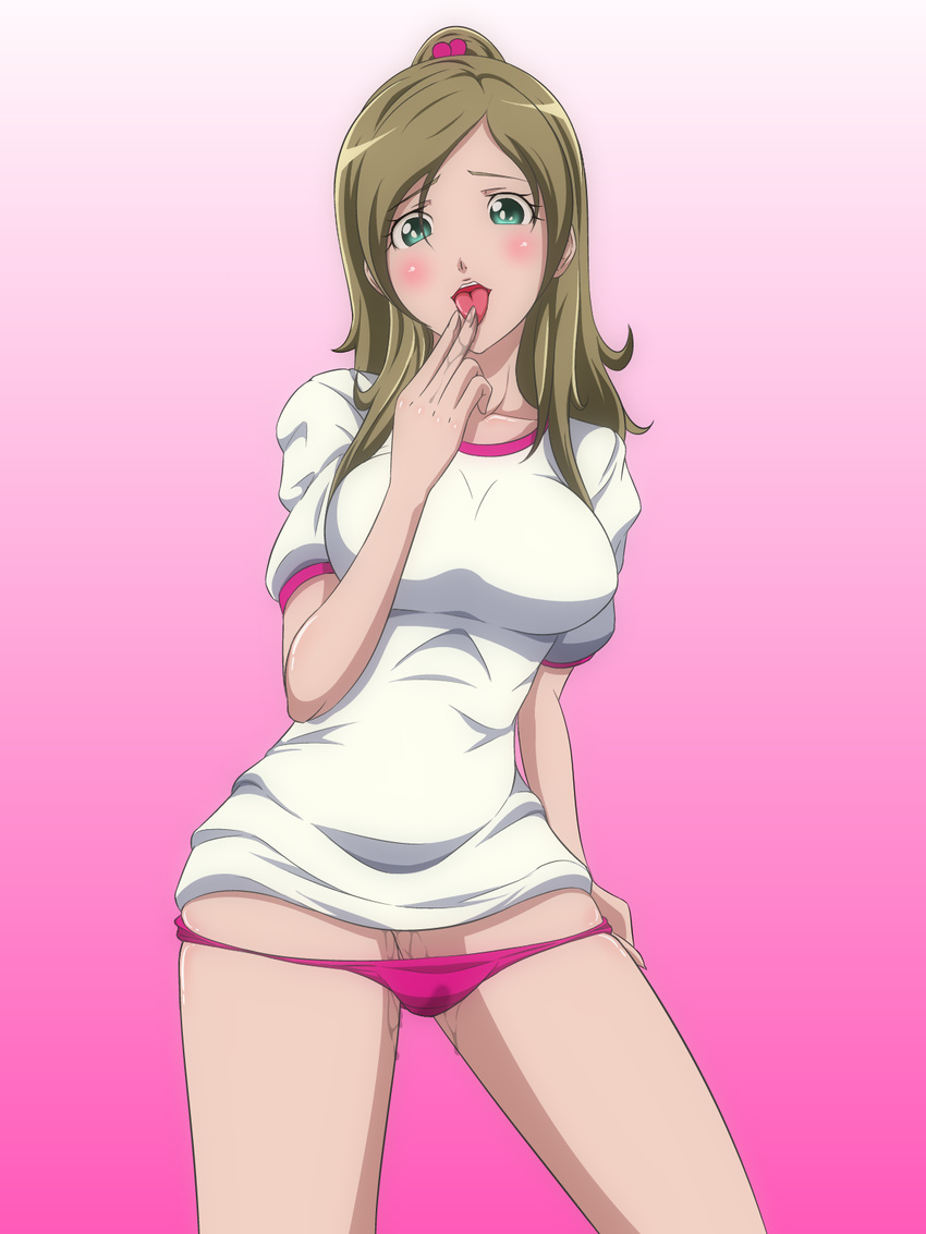 blush breasts brown_hair eyelashes gradient gradient_background green_eyes half_updo highres igatto large_breasts looking_at_viewer minamino_kanade panties panty_pull ponytail precure pussy_juice simple_background solo suite_precure tongue underwear wet wet_clothes wet_panties