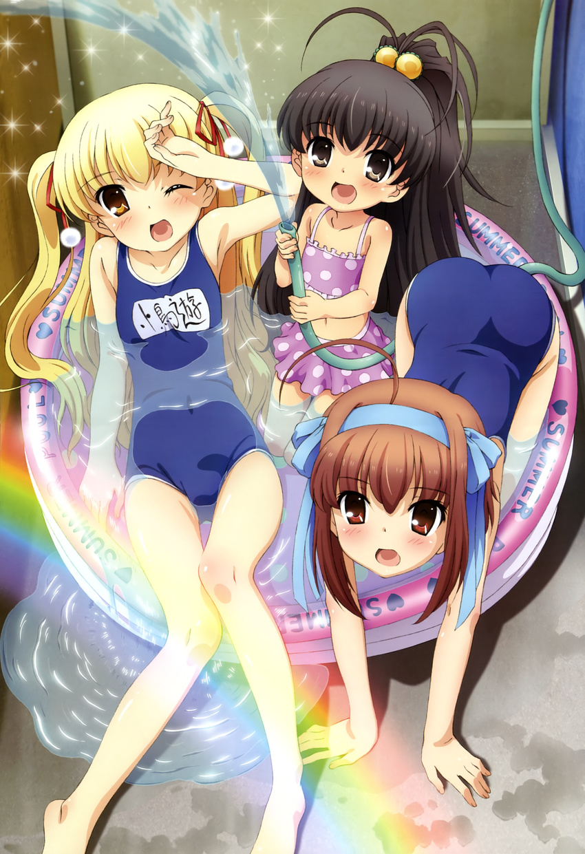 :d absurdres ahoge all_fours bikini black_hair blonde_hair brown_hair hair_bobbles hair_ornament hair_ribbon hairband highres hose legs long_hair multiple_girls name_tag non-web_source nyantype official_art one-piece_swimsuit one_eye_closed open_mouth papa_no_iu_koto_wo_kikinasai! partially_submerged polka_dot polka_dot_bikini polka_dot_swimsuit pom_pom_(clothes) ponytail purple_bikini rainbow ribbon school_swimsuit siblings sisters smile swimsuit takanashi_hina takanashi_miu takanashi_sora twintails very_long_hair wading_pool water