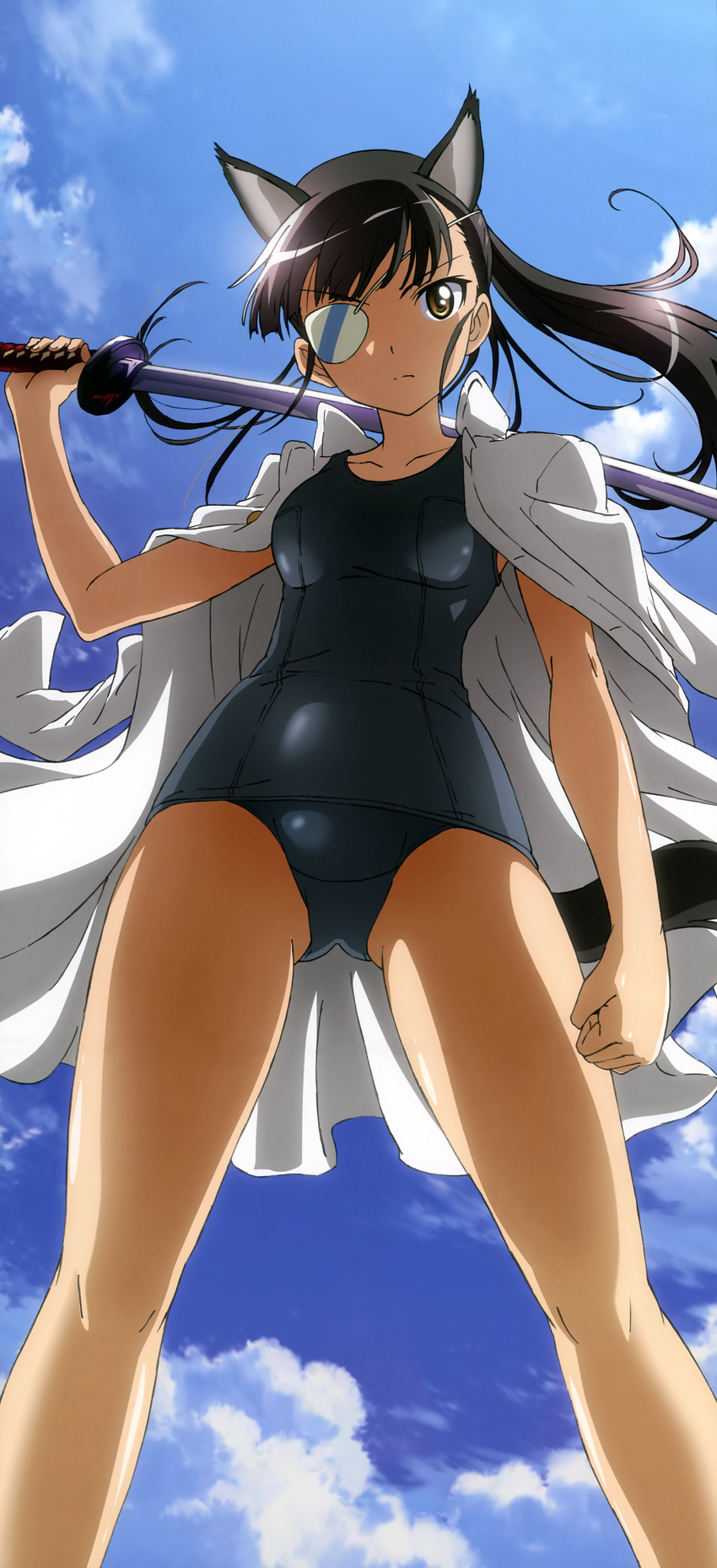 absurdres animal_ears arm_at_side ass_visible_through_thighs bangs black_hair blue_swimsuit breasts clenched_hand closed_mouth cloud collarbone crotch day dog_ears extra_ears eyebrows_visible_through_hair eyepatch feet_out_of_frame floating_hair from_below frown hand_up high_collar high_ponytail highres hips holding holding_sword holding_weapon jacket jacket_on_shoulders legs legs_apart long_hair long_sleeves looking_down medium_breasts military military_jacket military_uniform non-web_source nyantype official_art old_school_swimsuit one-piece_swimsuit one_eye_covered open_clothes open_jacket outdoors ponytail sakamoto_mio school_swimsuit serious shiny shiny_hair sky solo standing straight_hair strike_witches swimsuit sword thighs uniform v-shaped_eyebrows weapon white_jacket world_witches_series yellow_eyes