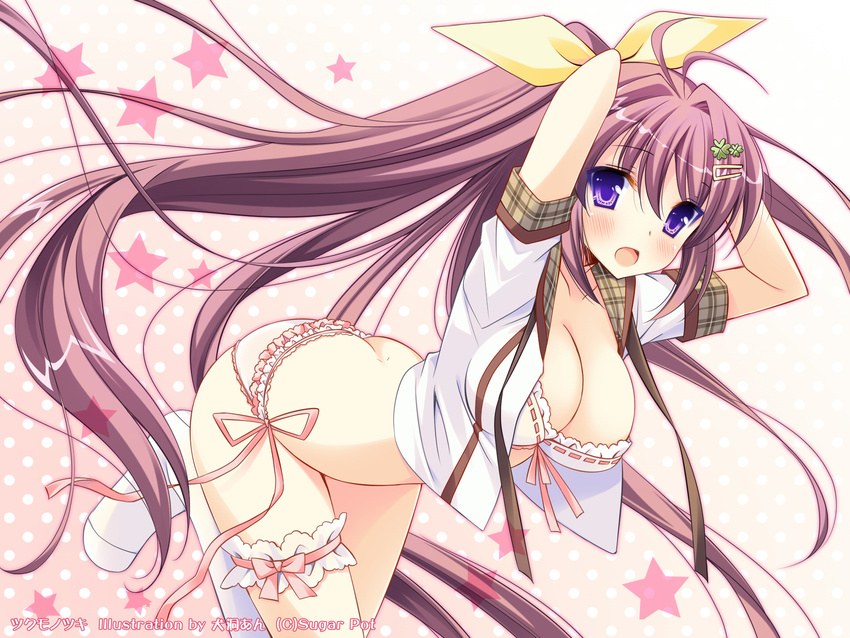 arched_back arms_up bent_over blush bra breasts cleavage copyright_request garters hair_ornament hairclip highres inugahora_an kneehighs lace lace-trimmed_bra lace-trimmed_panties large_breasts leg_up lingerie long_hair open_clothes open_mouth open_shirt panties ponytail purple_eyes purple_hair school_uniform shirt side-tie_panties solo underwear very_long_hair wallpaper white_bra white_legwear white_panties