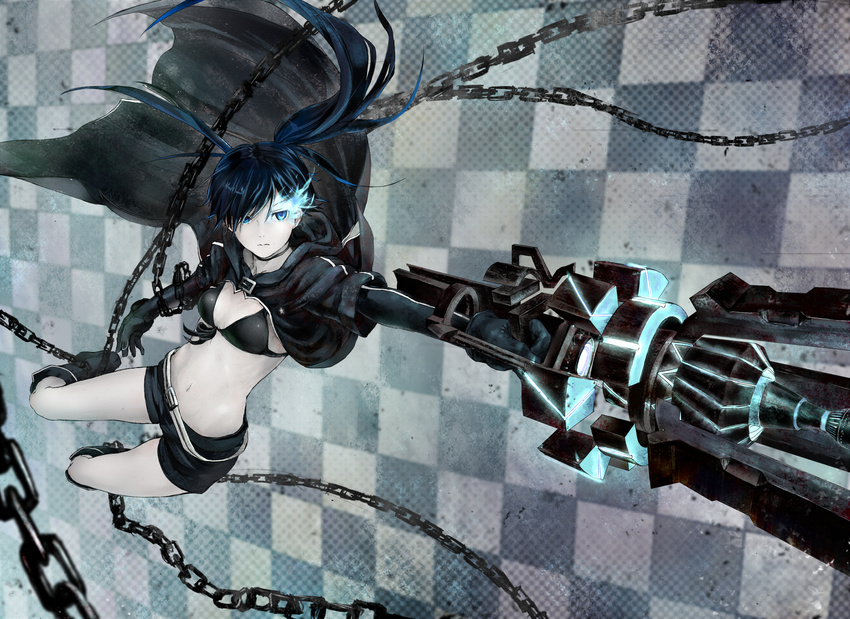 bikini_top black_hair black_rock_shooter black_rock_shooter_(character) boots burning_eye chain checkered checkered_background glowing highres long_hair short_shorts shorts shouin solo