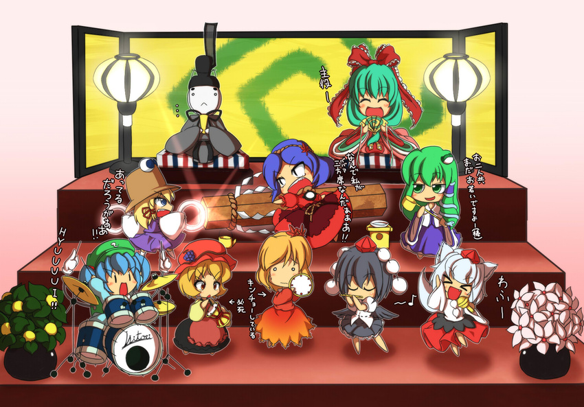 &gt;_&lt; 6+girls :&lt; :d aki_minoriko aki_shizuha angry animal_ears apron black_hair blonde_hair blue_eyes blue_hair blush bongo_drums bontoro bow chibi closed_eyes dress drum drum_set drumsticks fan fang fighting flower flute folding_screen food frog_hair_ornament front_ponytail fruit grapes green_eyes green_hair hair_bow hair_ornament hair_ribbon happy hat hina_ningyou hinamatsuri hishaku instrument inubashiri_momiji kagiyama_hina kawashiro_nitori kochiya_sanae lantern leaf leaf_on_head long_hair moriya's_iron_rings moriya_suwako mountain_of_faith multiple_girls music onbashira open_mouth orange_eyes pom_pom_(clothes) red_dress ribbon rope shameimaru_aya shimenawa short_hair silver_hair singing sitting skirt slit_pupils smile smirk snake table tail tambourine teeth tokin_hat touhou translation_request vase wide_sleeves wings wolf_ears wolf_tail xd yasaka_kanako |_|