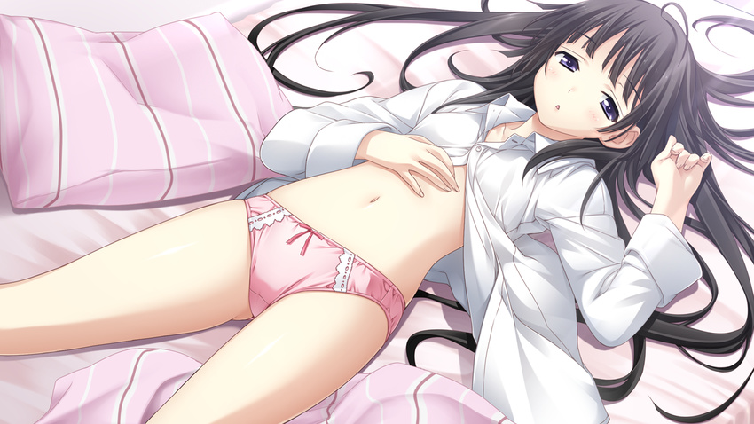 bed black_hair game_cg giga hotchkiss long_hair mikoto_akemi open_shirt panties sumiyoshi_nana underwear