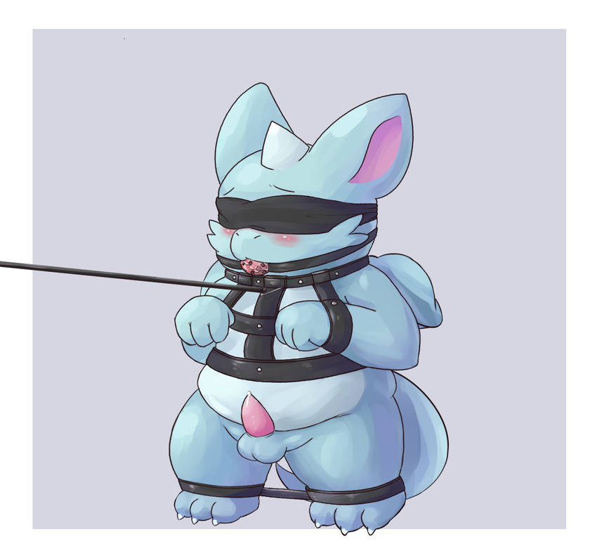 bdsm blindfold bondage bound chibimon erection gag leash male penis precum solo unknown_species zangusuu