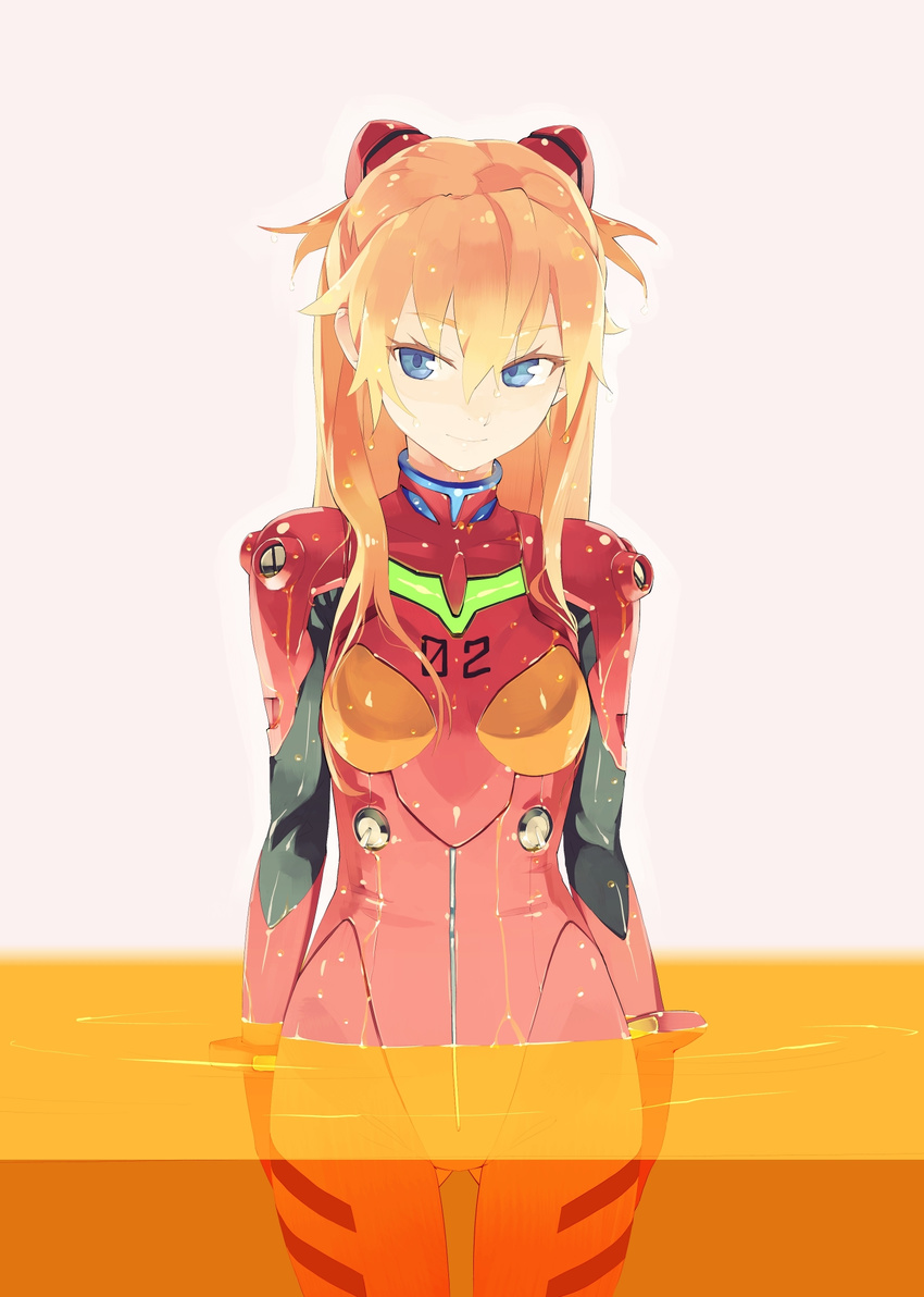 blue_eyes bodysuit brown_hair hair_ornament highres lcl long_hair neon_genesis_evangelion orange_hair plugsuit rebuild_of_evangelion revision shihou_(g-o-s) shikinami_asuka_langley smile solo souryuu_asuka_langley wading wet