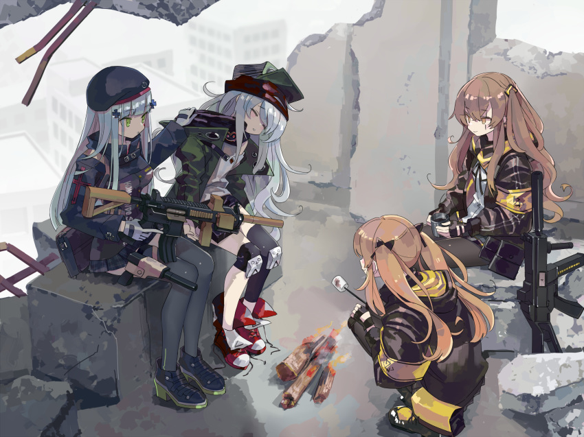 armband assault_rifle bangs beret black_bow black_hat black_jacket black_shorts blunt_bangs bow brown_eyes brown_hair building coat crossed_bangs eyebrows_visible_through_hair eyes_closed facial_mark fingerless_gloves fire food g11_(girls_frontline) girls_frontline gloves green_eyes green_hat green_jacket gun hair_ornament hat highres hiyo_moo hk416_(girls_frontline) holding holding_gun holding_weapon hood hood_down hooded_jacket jacket knee_pads long_hair looking_at_another marshmallow one_side_up open_clothes open_coat open_jacket rifle ruins scar scar_across_eye scarf_on_head shorts silver_hair sitting sleeping smile squatting submachine_gun teardrop twintails ump45_(girls_frontline) ump9_(girls_frontline) weapon