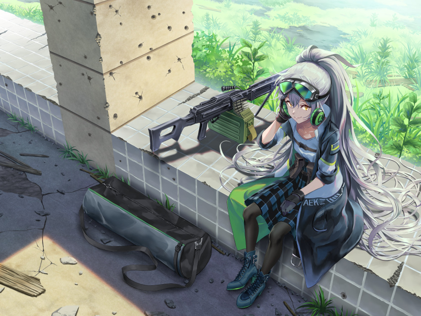 aek-999 aek-999_(girls_frontline) bag bangs black_jacket boots breasts bullet_hole commentary cross-laced_footwear day duffel_bag from_above girls_frontline gloves goggles goggles_on_head grass grey_hair grey_legwear hair_between_eyes headphones headphones_around_neck highres jacket lace-up_boots long_hair looking_at_viewer makkuro open_clothes outdoors plaid plaid_skirt shirt silver_hair sitting skirt smile white_shirt yellow_eyes