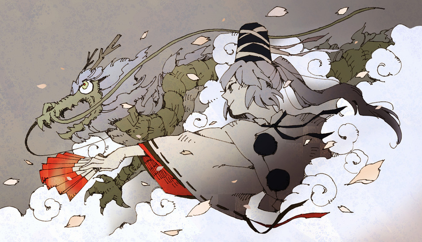 asahi_(uwa) cloud dragon eastern_dragon fan folding_fan grey hat japanese_clothes long_hair mononobe_no_futo outstretched_arm petals pom_pom_(clothes) ponytail solo tate_eboshi touhou wide_sleeves