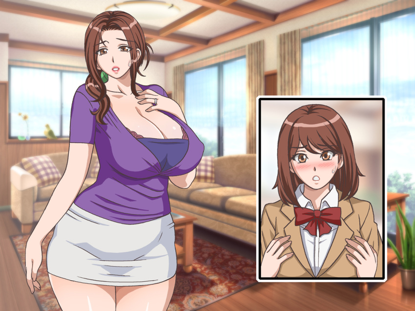 blouse breast_envy breasts brown_eyes brown_hair cleavage curvaceous gaden huge_breasts indoors jewelry lipstick living_room makeup medium_breasts milf multiple_girls parted_lips plump ponytail ring skirt standing thighs tied_hair wedding_ring