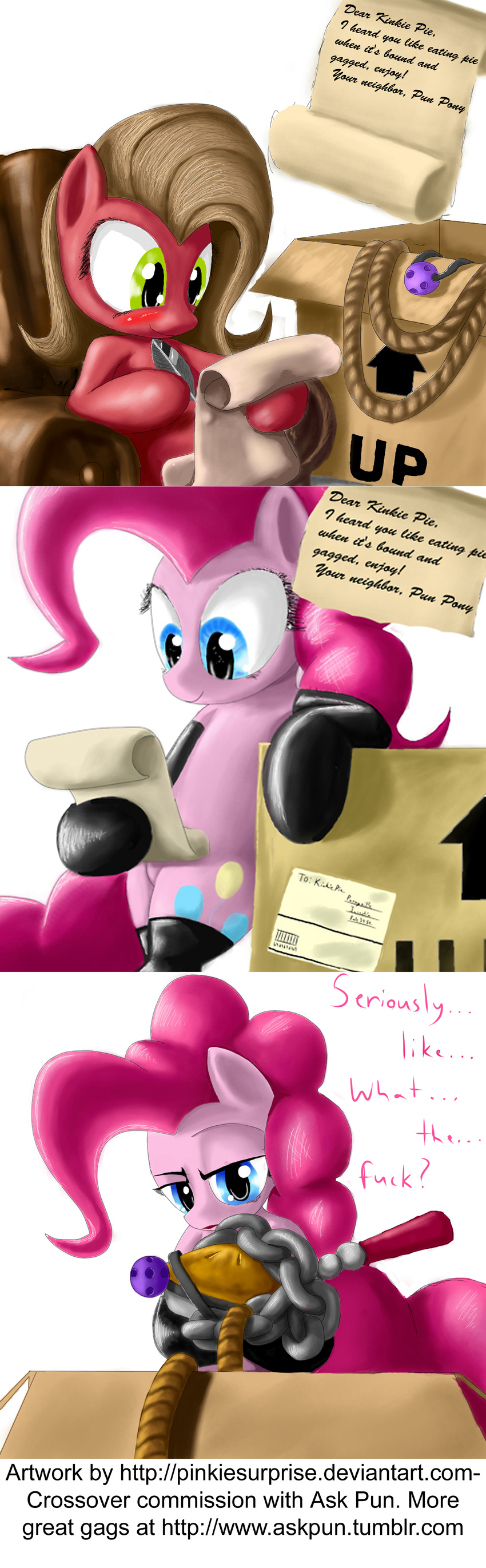 ask ask_pun ball_gag bdsm blush bondage bound comic cutie_mark english_text equine female feral friendship_is_magic gag horse humor kinky_pie mammal my_little_pony pie pinkie_pie_(mlp) pony pun rope text tumblr