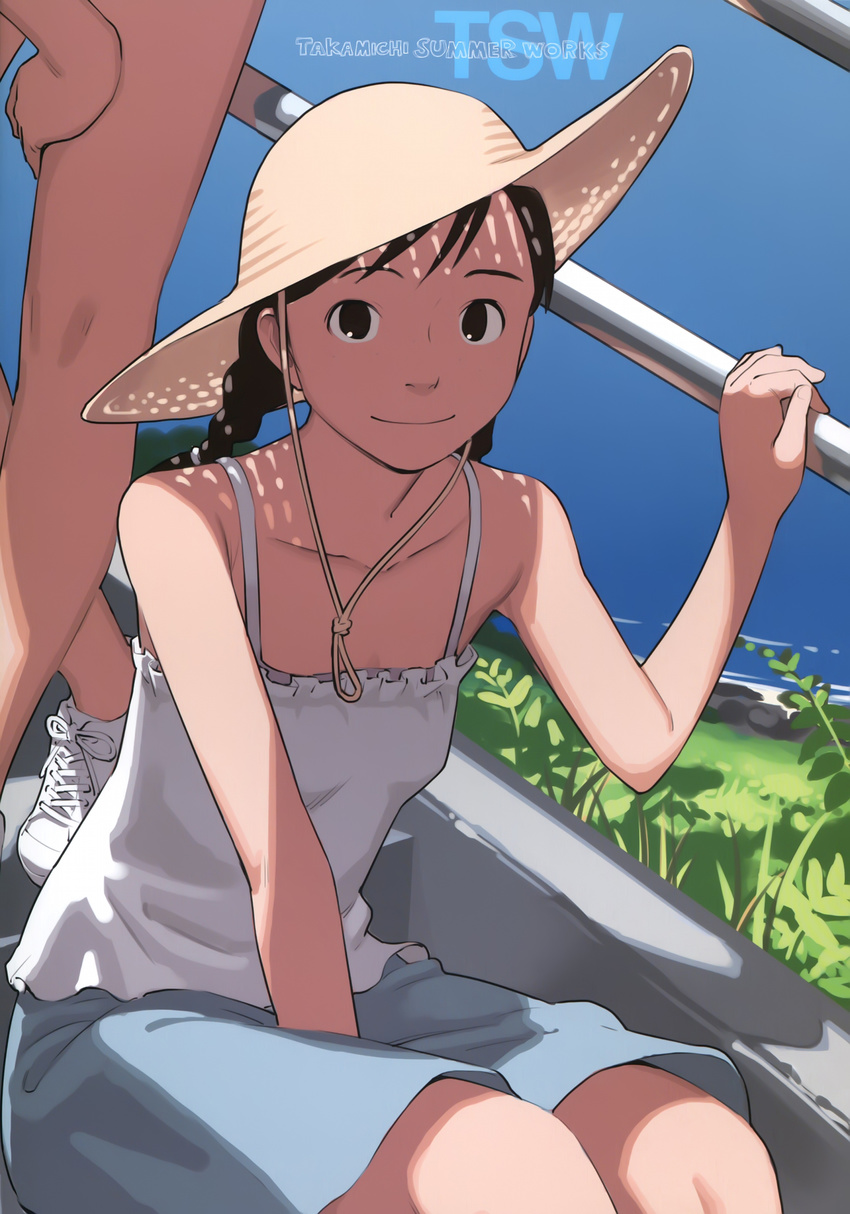 absurdres bare_legs bare_shoulders black_eyes black_hair braid camisole hat highres looking_at_viewer original shoes sitting skirt smile sneakers solo sun_hat takamichi twin_braids