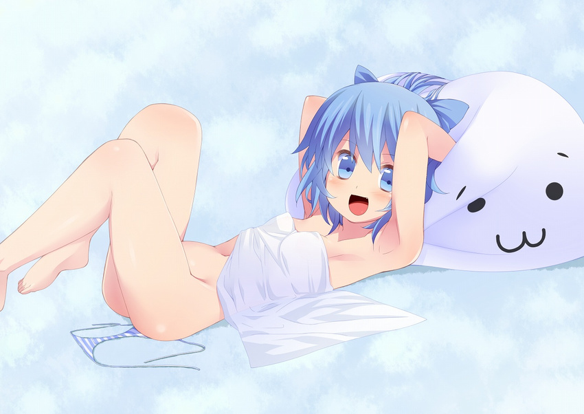 :3 armpits arms_up barefoot blue_eyes blue_hair blush bow breasts cirno fang feet hair_bow legs legs_up looking_at_viewer lying naked_sheet nigo_(aozoragarou) no_pants nude on_back panties panties_removed pillow short_hair small_breasts smile solo striped striped_panties touhou underwear