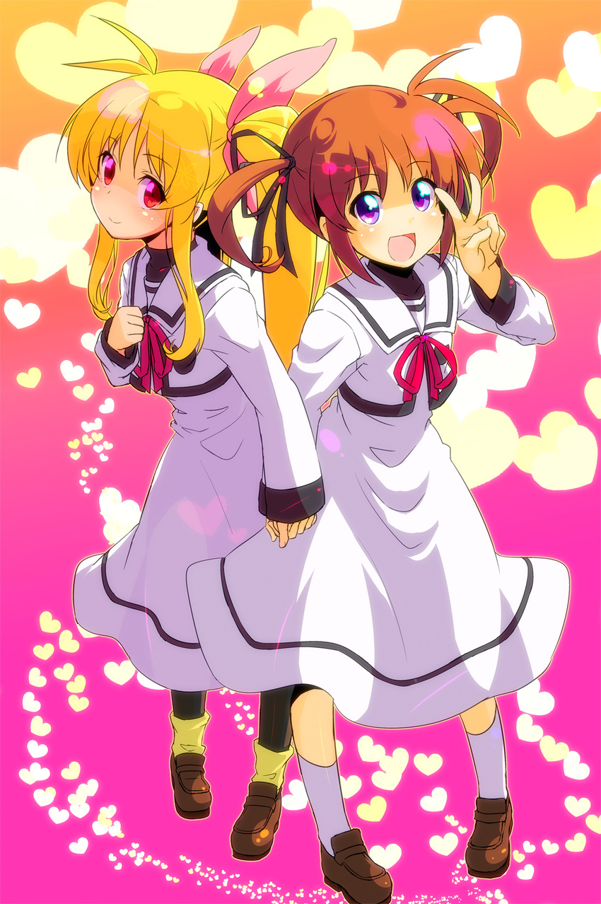 :d bow fate_testarossa hair_bow hair_ribbon heart highres holding_hands loafers lyrical_nanoha mahou_shoujo_lyrical_nanoha mahou_shoujo_lyrical_nanoha_a's multiple_girls open_mouth pantyhose ribbon school_uniform seishou_elementary_school_uniform shoes smile sw takamachi_nanoha twintails two_side_up v