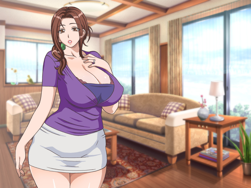 blouse breasts brown_hair curvaceous gaden huge_breasts indoors jewelry lipstick living_room makeup milf plump ponytail ring skirt standing thighs tied_hair wedding_ring