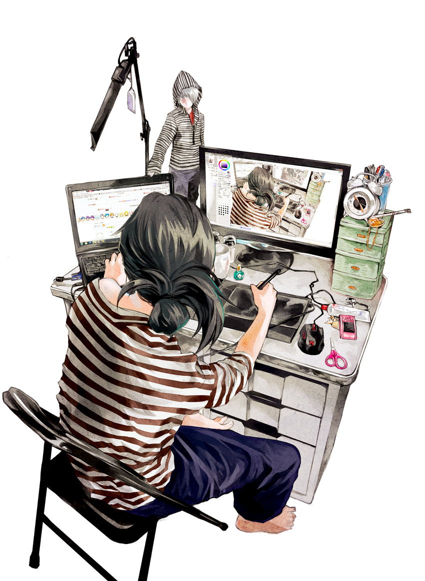 alarm_clock anyueh barefoot black_hair brush cellphone chair clock computer drawer drawing figure folding_chair from_behind highres hood hoodie laptop male_focus monitor mouse_(computer) off_shoulder original pants pen phone recursion scissors shirt simple_background solo stationery striped striped_shirt table tied_hair white_background