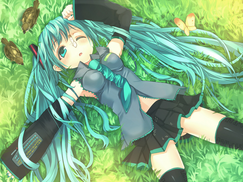 aqua_eyes aqua_hair between_breasts bird black_legwear blush breasts bug butterfly detached_sleeves eurasian_tree_sparrow from_above grass hatsune_miku insect long_hair lying nail_polish necktie on_back one_eye_closed open_mouth pleated_skirt reko_(torinegi) skirt solo sparrow thighhighs twintails vocaloid