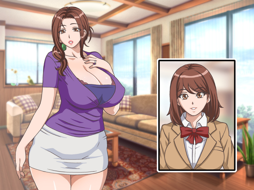 blouse breasts brown_hair curvaceous gaden huge_breasts indoors jewelry lipstick living_room makeup milf plump ponytail ring skirt standing thighs tied_hair wedding_ring