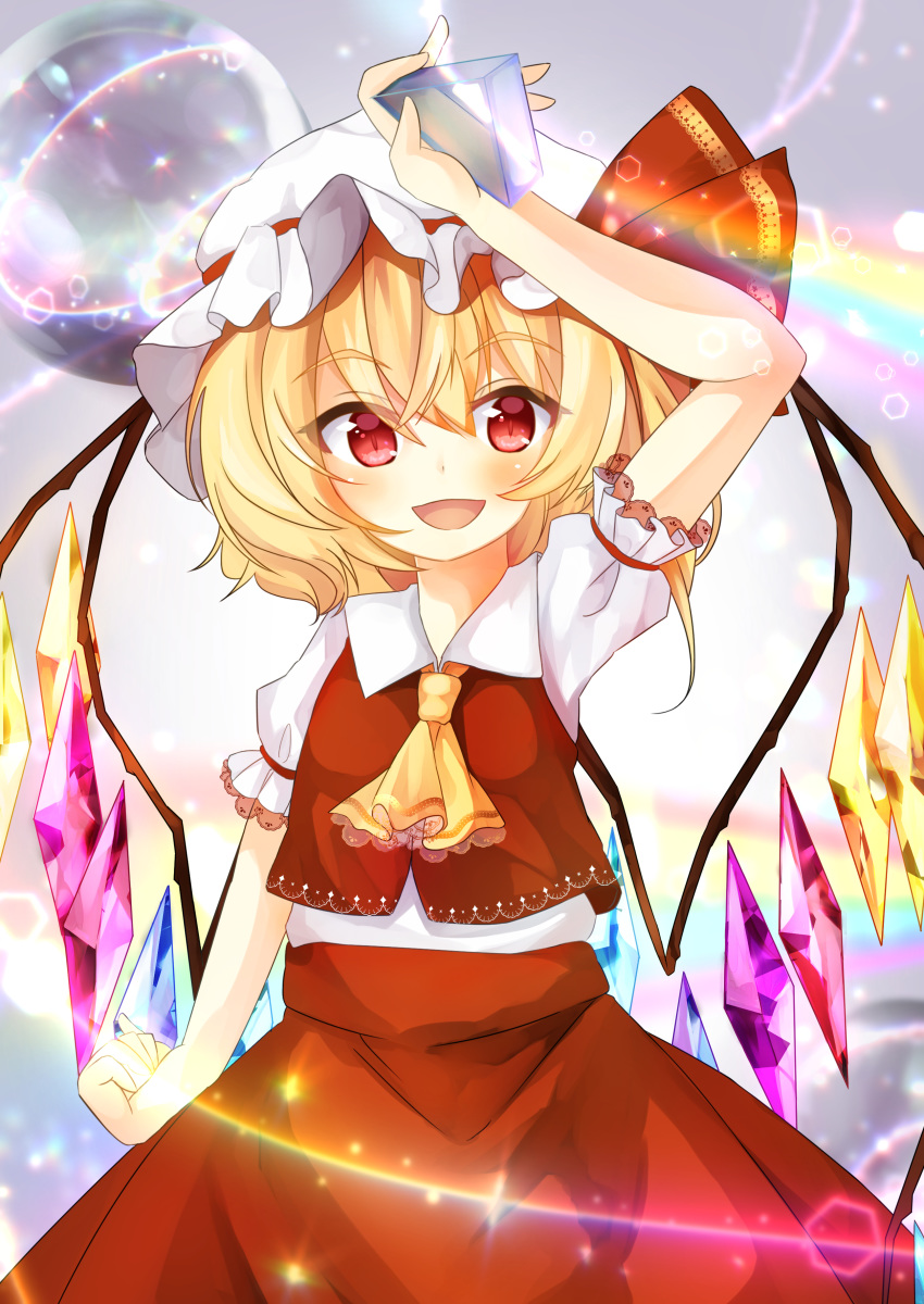 1girl absurdres arm_above_head arm_at_side backlighting blonde_hair bubble commentary_request cowboy_shot cravat crystal eyebrows_visible_through_hair flandre_scarlet hand_on_hip hat hat_ribbon highres holding kuraudo lens_flare looking_at_viewer mob_cap open_mouth prism puffy_short_sleeves puffy_sleeves rainbow red_eyes red_skirt red_vest ribbon shirt short_hair short_sleeves side_ponytail skirt slit_pupils smile solo symbol_commentary touhou vest white_shirt wing_collar wings yellow_neckwear