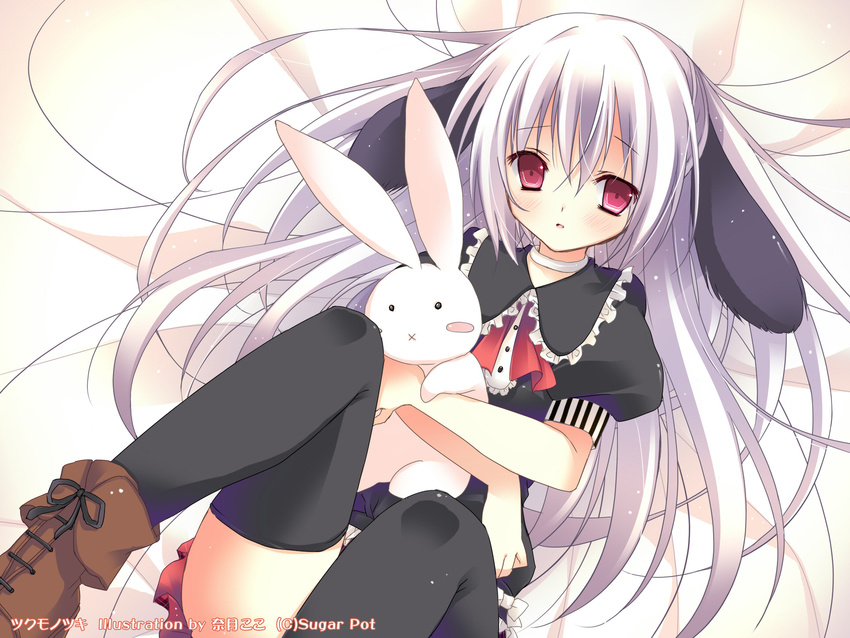 1girl animal animal_ears blush bunny bunny_ears bunny_girl coco_sugar gothic_lolita grey_hair highres inumimi lolita_fashion long_hair lying_down natsuki_coco red_eyes stuffed_animal sugar_pot thighhighs tsukumo_(tsukumonotsuki) tsukumonotsuki wallpaper white_hair