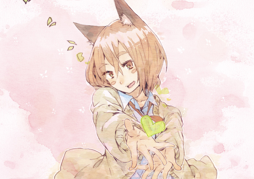 animal_ears blush brown_eyes brown_hair cat_ears heart hrd open_mouth original outstretched_arm outstretched_hand smile solo sweater