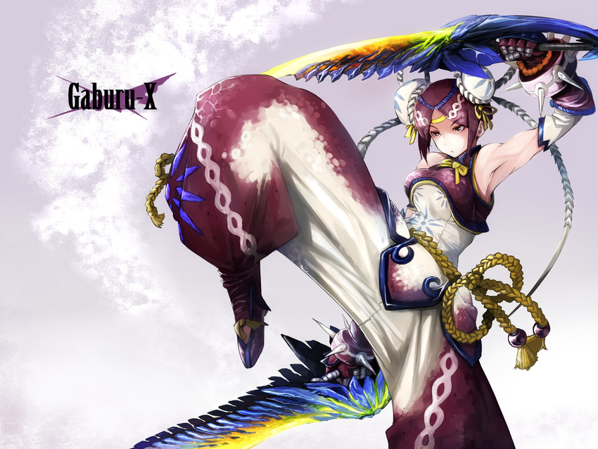 armpits bare_shoulders bracelet bun_cover character_name chinese_clothes double_bun dual_wielding fighting_stance gloves gobul_(armor) highres holding jewelry leg_up monster_hunter monster_hunter_3_g purple_eyes purple_hair rope sadamatsu_ryuuichi short_hair solo spiked_bracelet spikes