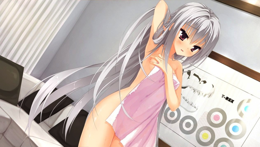 1girl blush dracu-riot! elena_olegovna_owen game_cg grey_hair indoors long_hair solo towel