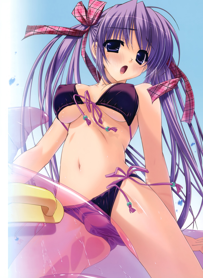 :o absurdres bikini black_bikini breasts covered_nipples crotch_rub fat_mons front-tie_top highres inflatable_dolphin inflatable_toy innertube large_breasts long_hair masturbation navel open_mouth original purple_eyes purple_hair shintarou side-tie_bikini solo swimsuit transparent twintails underboob