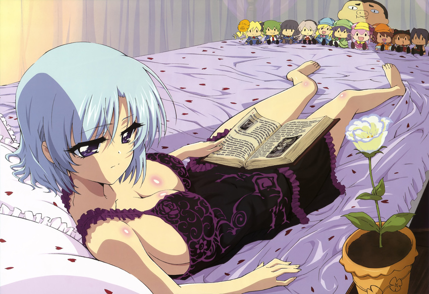 absurdres barefoot bed blue_hair book breasts character_doll chibi cleavage feet flower henriette_mystere highres large_breasts latin legs lying non-web_source nyantype official_art on_back on_bed rose scan short_hair sideboob solo tantei_opera_milky_holmes torii_takashi white_flower white_rose