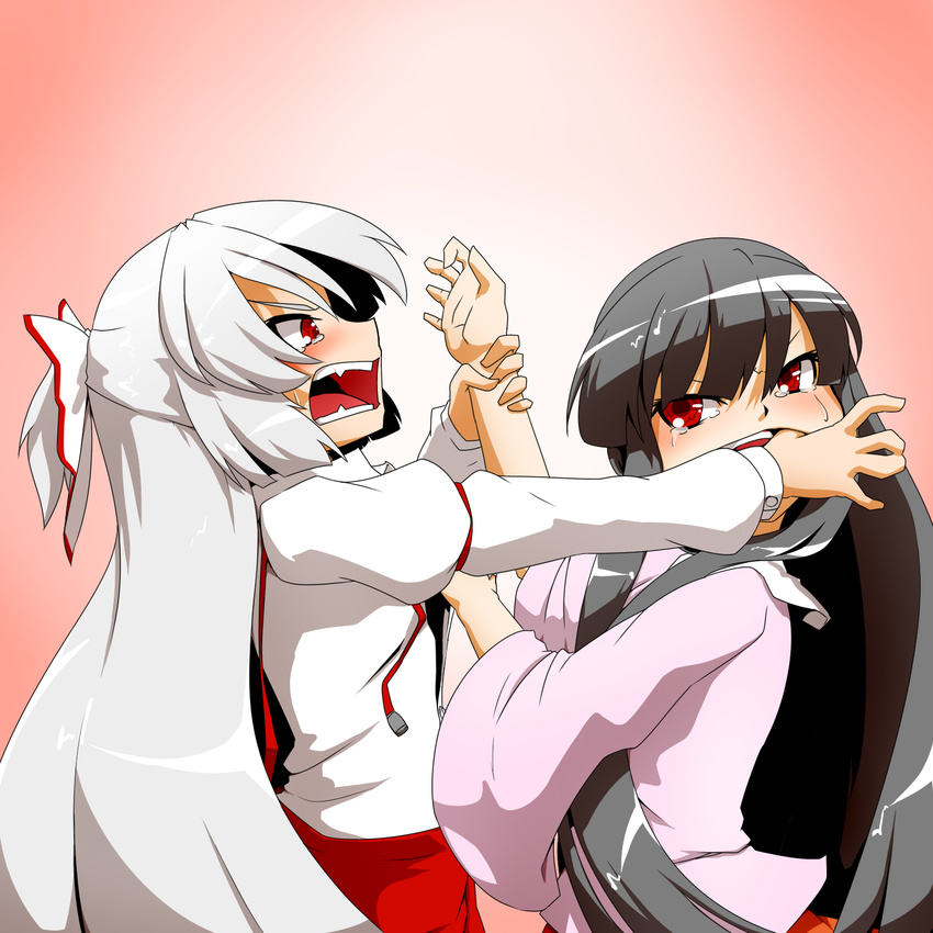 black_hair cheek_pull duel fighting fujiwara_no_mokou hair_ribbon highres houraisan_kaguya long_hair multiple_girls open_mouth red_eyes ribbon tears touhou white_hair yuuki_(yukigeshou_hyouka)