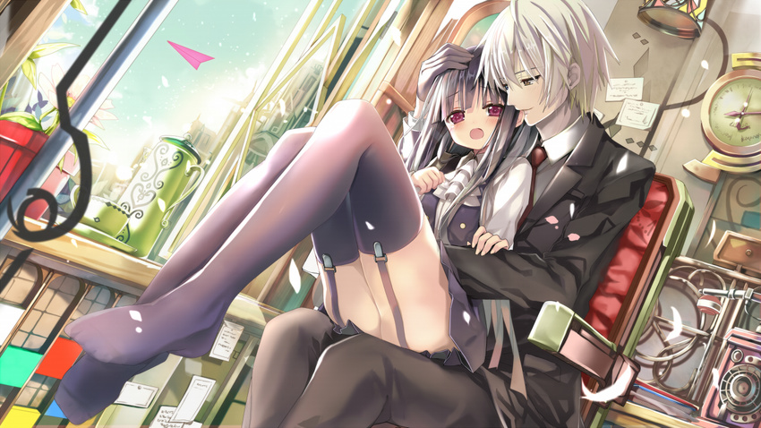 1girl ascot biting black_hair black_legwear blush business_suit chair clock corded_phone cravat cup dress ear_biting formal garter_straps grey_eyes hand_on_head heterochromia inu_x_boku_ss long_hair miketsukami_soushi necktie no_shoes open_mouth petals phone purple_eyes rotary_phone shino_(eefy) shirakiin_ririchiyo short_hair silver_hair sitting sitting_on_lap sitting_on_person smile suit tea_set teacup teapot thighhighs white_hair window yellow_eyes