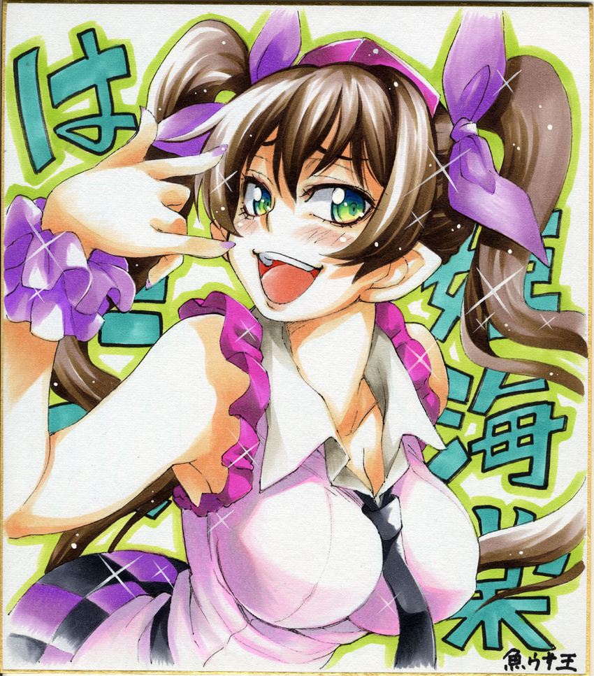 bare_shoulders bow breasts brown_hair cleavage face green_eyes hair_bow hat highres himekaidou_hatate large_breasts long_hair nail_polish necktie open_mouth pointy_ears shikishi sleeveless smile solo sparkle tokin_hat touhou traditional_media twintails uousa-ou upper_body very_long_hair