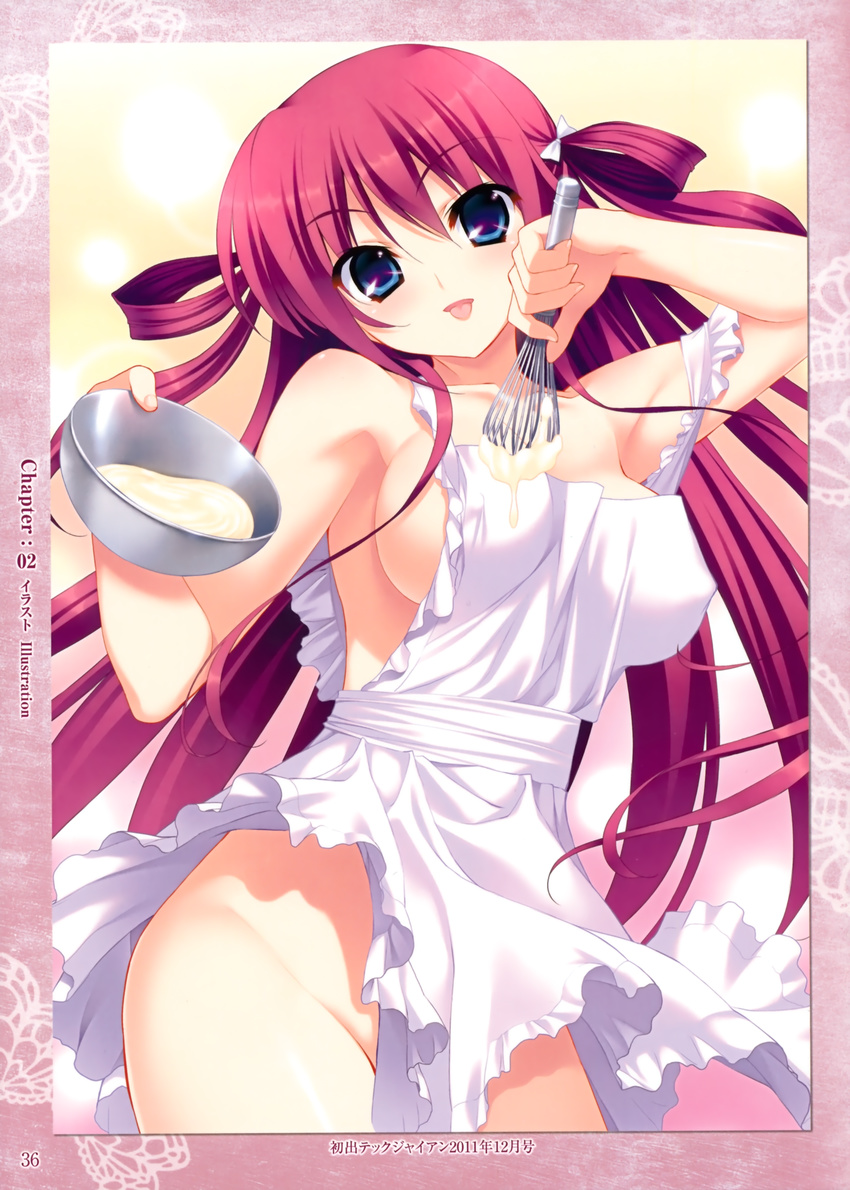 :p absurdres apron bare_shoulders blue_eyes bowl breasts censored convenient_censoring covered_nipples cream fingernails fumio_(ura_fmo) grisaia_(series) grisaia_no_kajitsu highres large_breasts long_hair naked_apron red_hair sideboob solo suou_amane tongue tongue_out whisk windowboxed