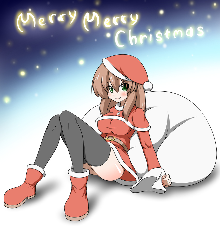 1girl bag black_legwear black_thighhighs breasts brown_hair christmas female green_eyes hat highres kaz_(shade) lap large_breasts legs long_hair makihara_nodoka miniskirt on_ground original santa_costume santa_hat shoes short_skirt sitting skirt smile snow solo thighhighs