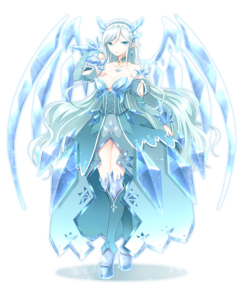 1girl armor blue_eyes breasts cleavage detached_sleeves dress earrings feet gradient_hair green_hair hattori_(junoct2000) hattori_masaki headdress high_heels highres ice jewelry large_breasts long_hair multicolored_hair nail_polish necklace original pointy_ears solo very_long_hair white_hair wings