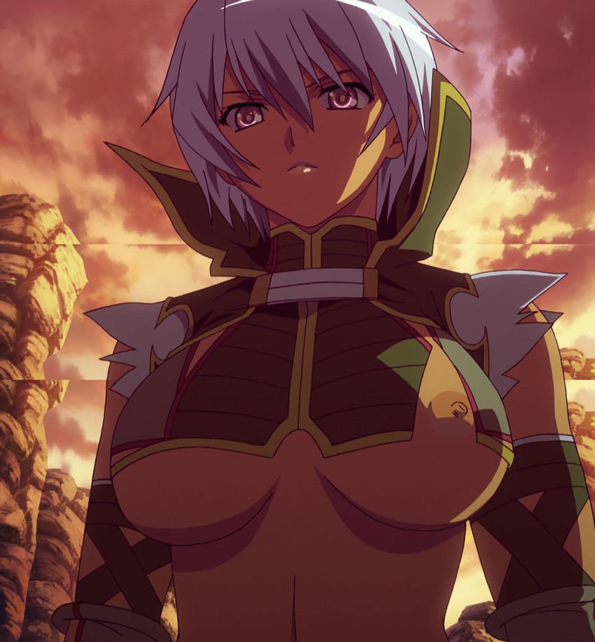 bangs blue_hair breasts cliff cloud crop_top dark_skin hair_between_eyes high_collar highres irma large_breasts looking_at_viewer nipple_slip nipples no_bra outdoors pink_eyes queen's_blade screencap short_hair sky solo stitched sunset third-party_edit torn_clothes turtleneck underboob