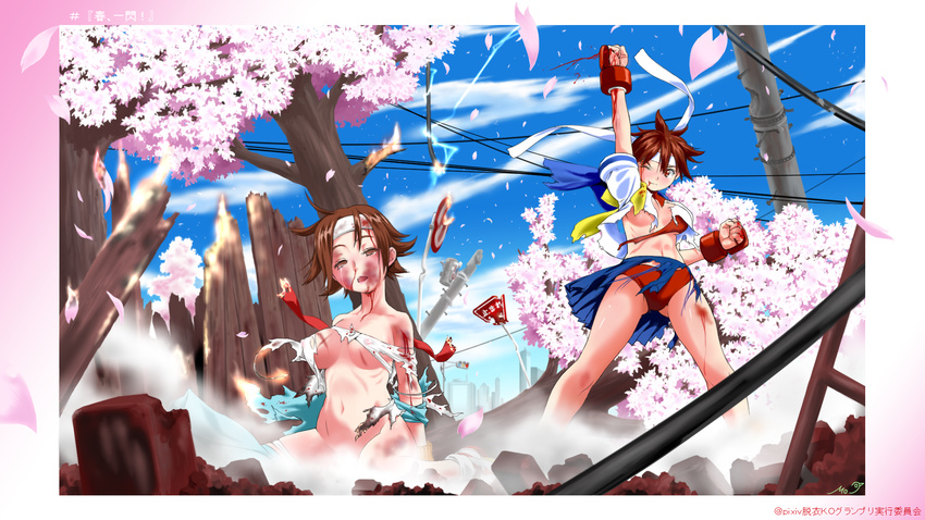 armor bad_id bad_pixiv_id battle blood blue_sailor_collar breasts brown_hair bruise buruma collateral_damage commentary covered_nipples day fang fire hachimaki headband highres injury japanese_armor justice_gakuen kasugano_sakura kote medium_breasts midriff mokeke!! multiple_girls navel nipples one_eye_closed petals pleated_skirt sailor_collar school_uniform serafuku shiritsu_justice_gakuen short_hair skirt street_fighter toned torn_clothes underboob very_short_hair victory_pose wakaba_hinata