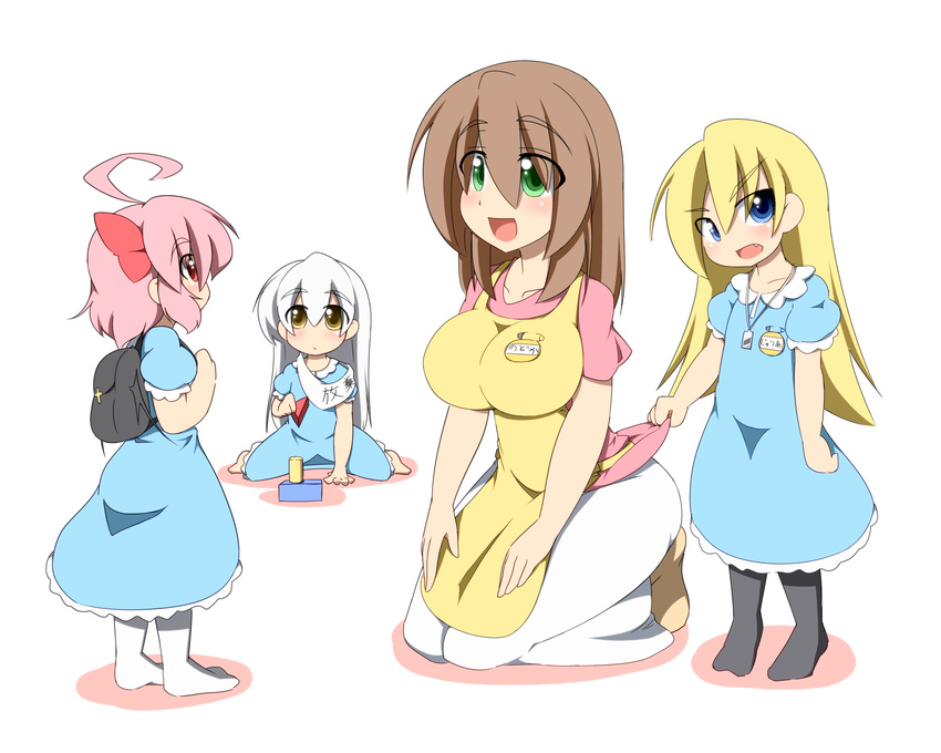 apron bad_id bad_pixiv_id breasts brown_hair child green_eyes highres kaz_(shade) kindergarten kindergarten_teacher kindergarten_uniform kneeling large_breasts long_hair makihara_nodoka multiple_girls open_mouth original shirt shoes simple_background tsukizaki_kotobuki white_background