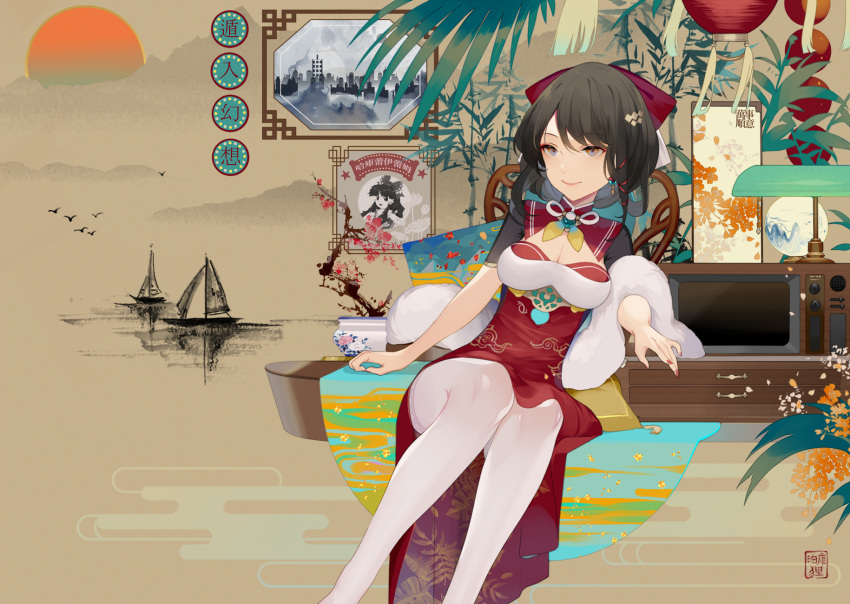 1girl alternate_costume bangs bird black_hair boat bow breasts brown_background cleavage commentary_request dress earrings eyebrows_visible_through_hair feather_boa feet_out_of_frame grey_eyes hair_between_eyes hair_bow hakurei_reimu highres hillly_(maiwetea) jewelry lamp lantern medium_breasts nail_polish pantyhose paper_lantern red_bow red_dress red_nails short_hair short_sleeves sitting smile solo sun swept_bangs television thighs touhou translation_request vase watercraft white_legwear yellow_neckwear