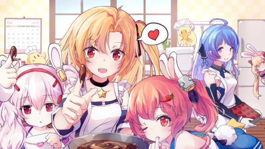 5girls ahoge animal_ears apron azur_lane bailey_(azur_lane) blonde_hair blue_hair bunny_ears carrot_hair_ornament character_request chocolate chocolate_making choker cleveland_(azur_lane) collarbone commentary english_commentary eyebrows_visible_through_hair fake_animal_ears fang food_themed_hair_ornament frilled_apron frills hair_ornament hairband heart helena_(azur_lane) highres ioniccrystal kitchen laffey_(azur_lane) lavender_hair long_hair looking_at_viewer medium_hair mixing_bowl multiple_girls one_side_up open_mouth orange_hair purple_eyes red_eyes refrigerator side_ponytail smile spoken_heart star star_choker twintails valentine window