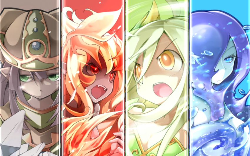 1440x900 4girls blue_eyes brown_hair fangs gnome green_eyes green_hair mon-musu_quest! monster_girl multiple_girls pointy_ears red_eyes salamander sylph undine wallpaper yellow_eyes