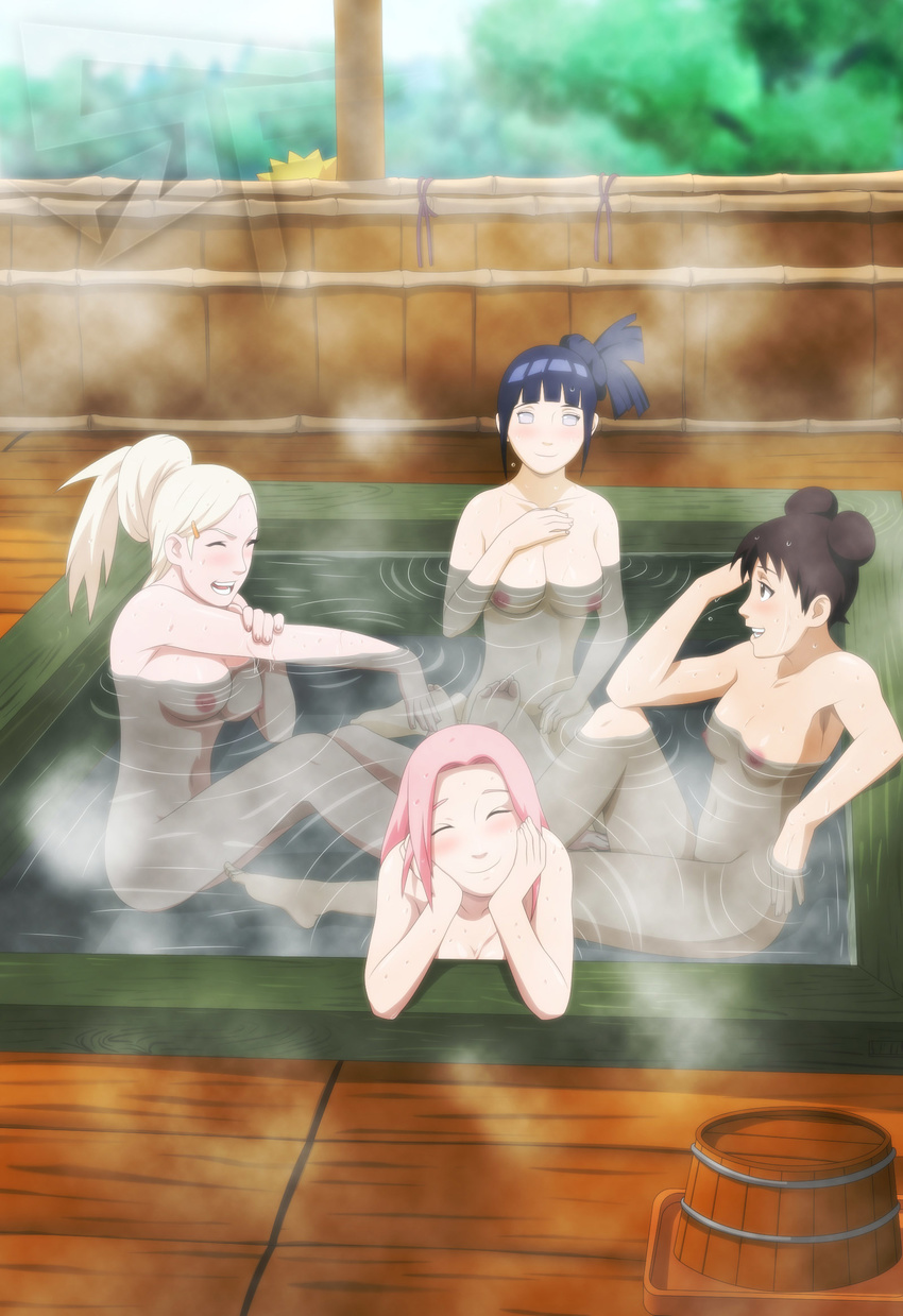 1boy 4girls blonde_hair blue_hair blush brown_eyes brown_hair haruno_sakura highres hyuuga_hinata looking_at_viewer multiple_girls naruto nipples nude pink_hair short_hair stiky_finkaz tenten uzumaki_naruto yamanaka_ino