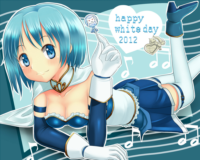 armband blue_eyes blue_hair breasts candy cape cleavage food gloves kyubey lollipop lying mahou_shoujo_madoka_magica medium_breasts miki_sayaka musical_note on_stomach pt@i short_hair smile solo thighhighs white_day zettai_ryouiki