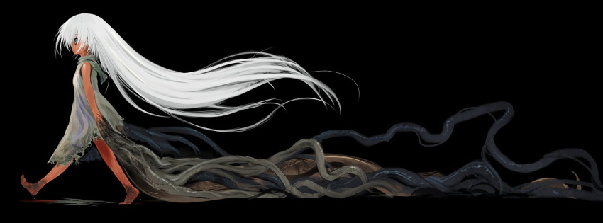 1girl alf874 black_background dress female long_hair monster_girl original solo tentacle very_long_hair walking white_hair