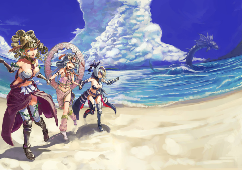 armor athena_(lord_of_vermilion) beach blue_hair breasts character_request cleavage cloud day dragon drill_hair eyepatch fantasy green_hair helmet holding_hands jeanne_d'arc_(lord_of_vermilion) lakshmi_(lord_of_vermilion) large_breasts lord_of_vermilion love_plus_plus medium_breasts midriff mizore_akihiro multiple_girls ocean outdoors purple_eyes red_eyes running sky small_breasts