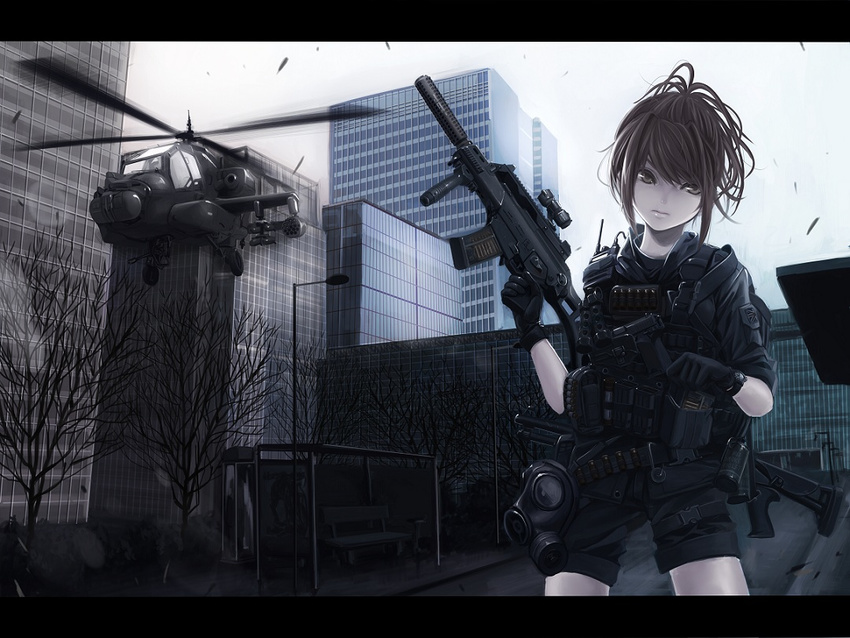 ah-64_apache aircraft assault_rifle bad_id bad_pixiv_id bench black_eyes black_hair building bus_stop call_of_duty call_of_duty:_modern_warfare_3 cityscape explosive g36 gas_mask gloves grenade gun h&amp;k_usp handgun heckler_&amp;_koch helicopter koh_(minagi_kou) letterboxed load_bearing_vest long_hair looking_at_viewer pistol rifle shorts sky sleeves_rolled_up solo suppressor tree watch weapon