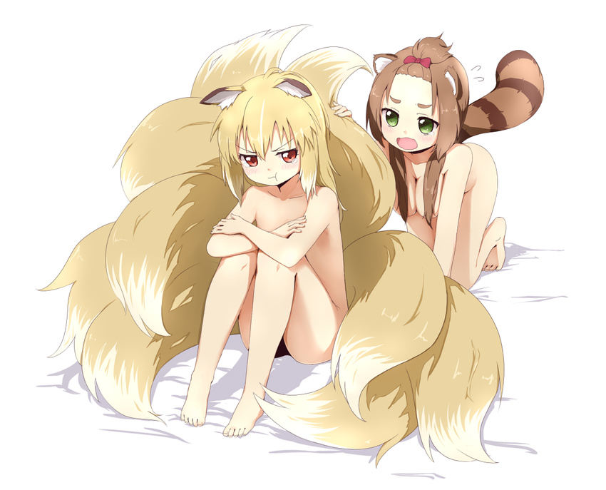 :t animal_ears barefoot bow breasts brown_hair fox_ears fox_tail green_eyes hair_bow medium_breasts multiple_girls multiple_tails naraba_yueni nude original pout raccoon_ears raccoon_tail red_eyes short_hair small_breasts tail