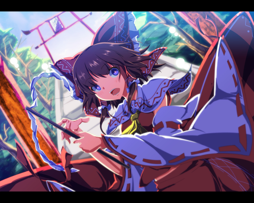 absurdres ascot blue_eyes blush bow brown_hair detached_sleeves forest gohei hair_bow hair_tubes hakurei_reimu highres letterboxed long_sleeves minagokoro nature open_mouth shirt skirt skirt_set solo stairs torii touhou tree wide_sleeves